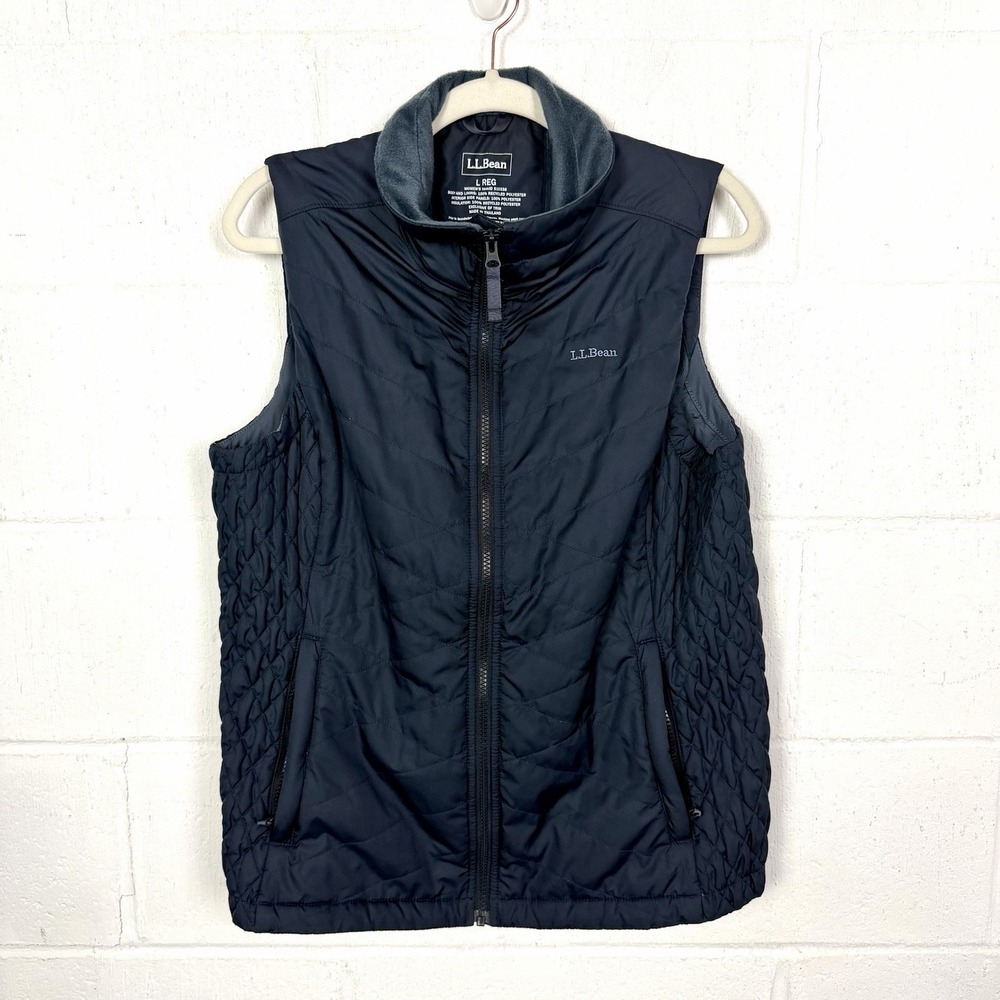 L.L. Bean Women Fleece-Lined PrimaLoft Vest SZ L Carbon Navy Quilted Cozy Layers